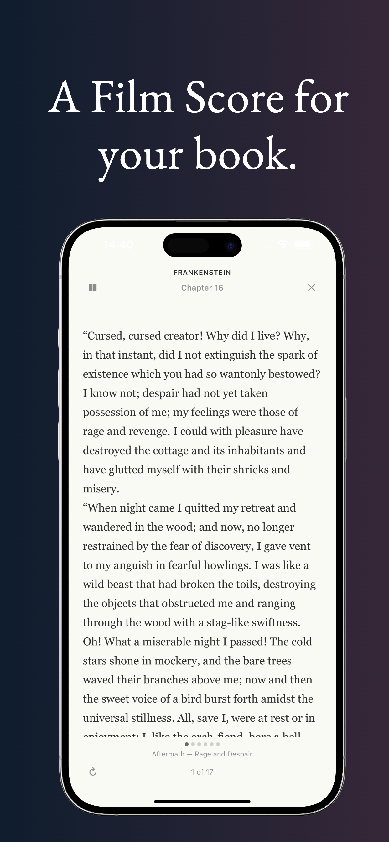 Underscored reader showing Frankenstein Chapter 16