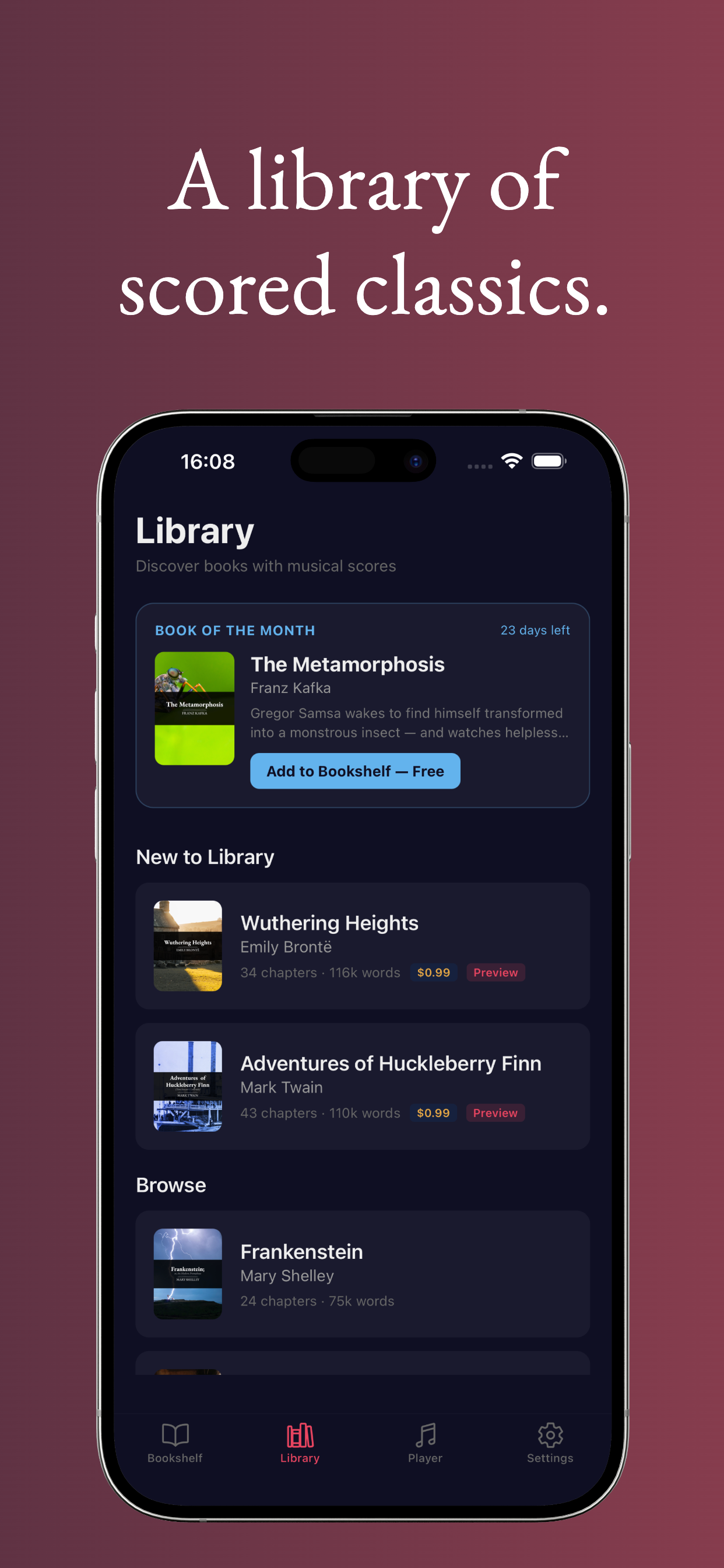 Library screen showing scored classics
